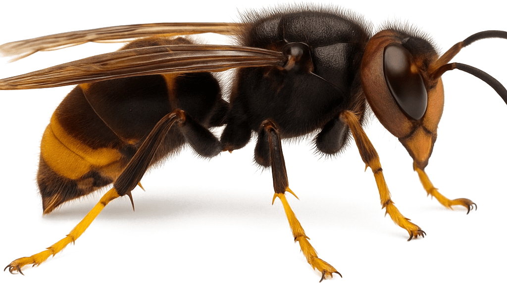 Frelon asiatique (Vespa velutina) de profil, thorax velouté sombre et bande abdominale orangée